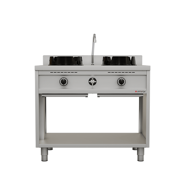 Fourneau wok gaz - 2 feux - 2 x 15 kW - L 1000 x P 600 x H 850/900 mm - Unninox