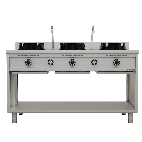 Fourneau wok gaz - 3 feux - 3 x 15 kW - L 1500 x P 600 x H 850/900 mm - Unninox