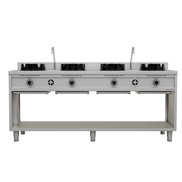 Fourneau wok gaz - 4 feux - 4 x 15 kW - L 2000 x P 600 x H 850/900 mm - Unninox