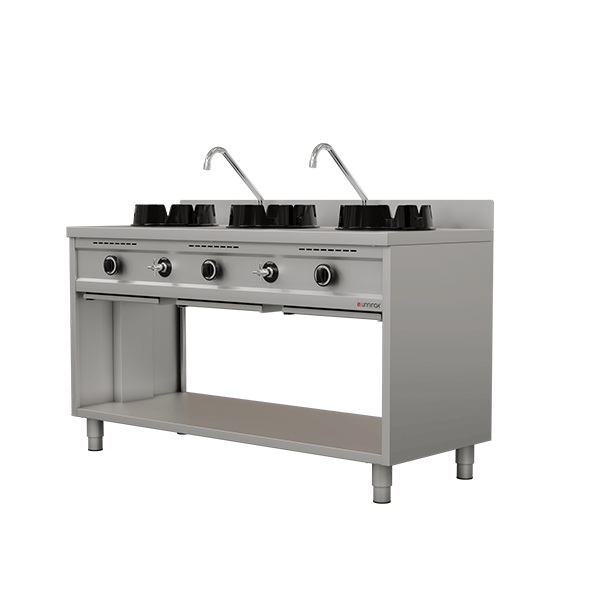 Fourneau wok gaz - 3 feux - 3 x 15 kW - L 1500 x P 600 x H 850/900 mm - Unninox