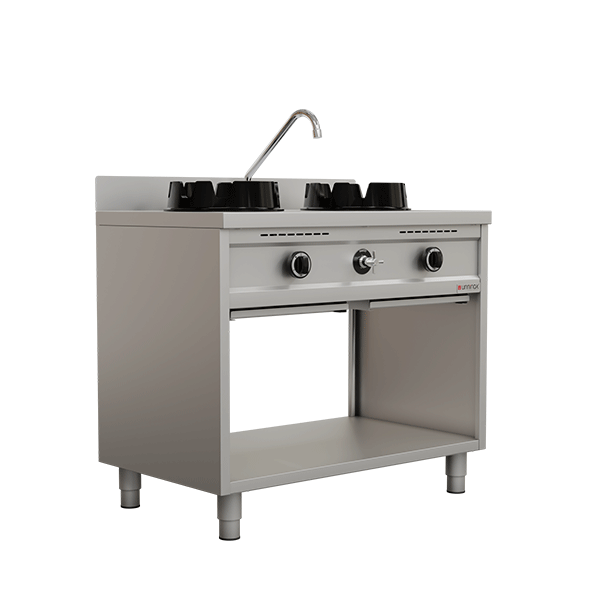 Fourneau wok gaz - 2 feux - 2 x 15 kW - L 1000 x P 600 x H 850/900 mm - Unninox