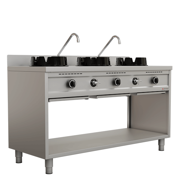 Fourneau wok gaz - 3 feux - 3 x 15 kW - L 1500 x P 600 x H 850/900 mm - Unninox