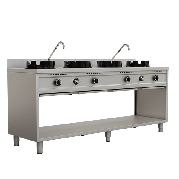 Fourneau wok gaz - 4 feux - 4 x 15 kW - L 2000 x P 600 x H 850/900 mm - Unninox