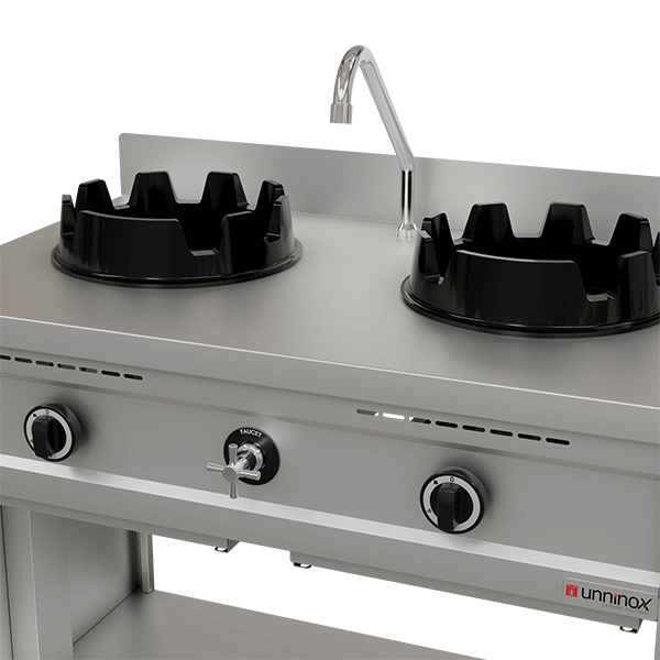 Fourneau wok gaz - 2 feux - 2 x 15 kW - L 1000 x P 600 x H 850/900 mm - Unninox
