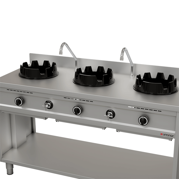 Fourneau wok gaz - 3 feux - 3 x 15 kW - L 1500 x P 600 x H 850/900 mm - Unninox