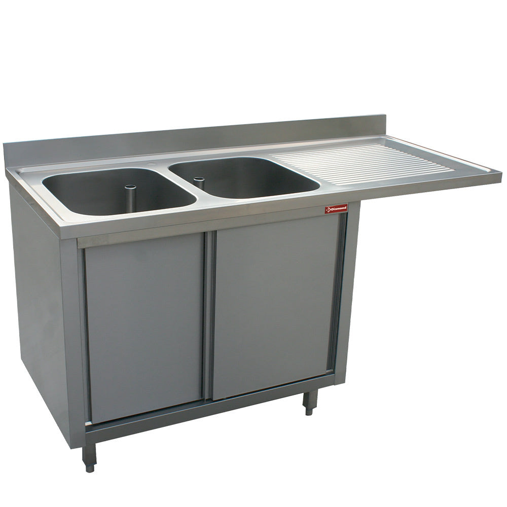 Plonge 2 cuves 400x500x275 égouttoir droit sur armoire 2 portes coulissantes et espace lave vaisselle - Diamond