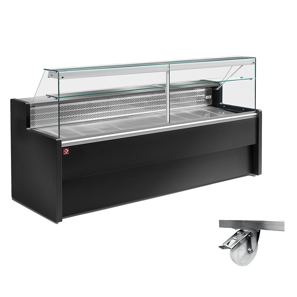 Comptoirs vitrine réfrigérés à vitre droite 90°, avec réserve - NOIR + Option: Châssis sur 4 roues dont 2 avec freins - Diamond
