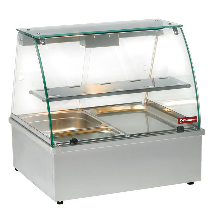 Vitrine chauffante, bain-marie 2x GN 1/1, panoramique + Meuble inox support vitrine - Diamond