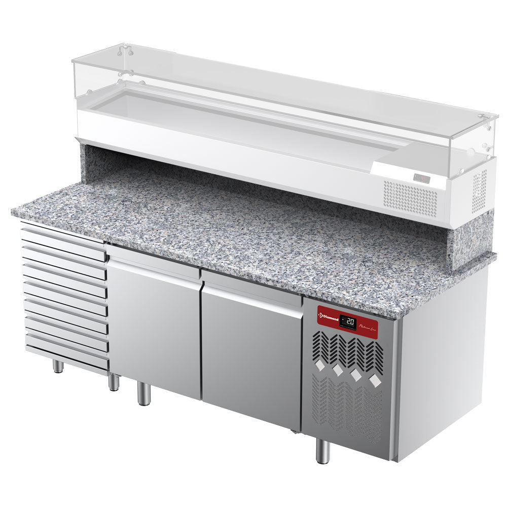 Table frigorifique, ventilée, pour pizza 2 portes et 7 tiroirs avec plan de travail en granit - Diamond