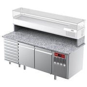 Table frigorifique, ventilée, pour pizza 2 portes et 7 tiroirs avec plan de travail en granit - Diamond