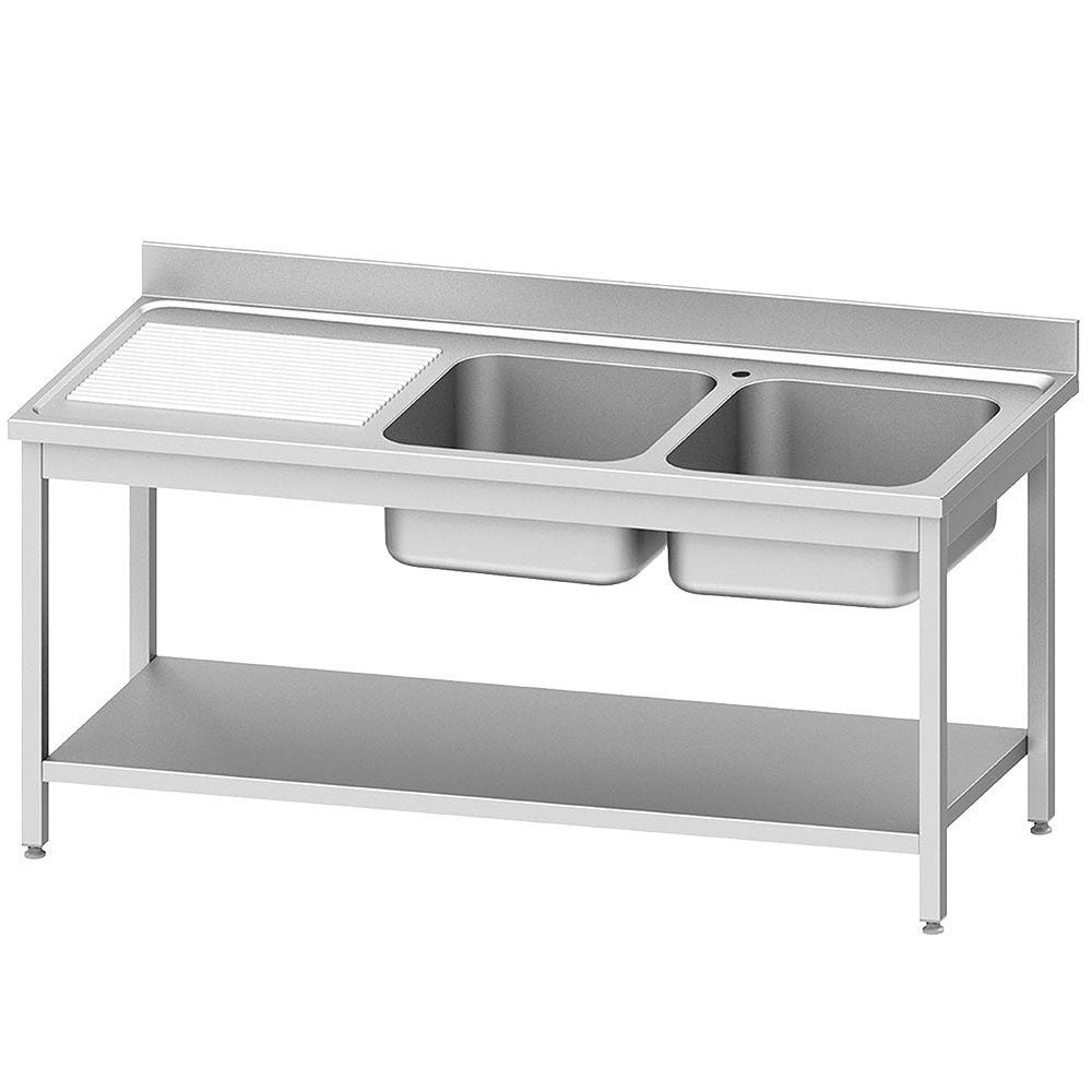 Plonge inox ECO 2 cuves égouttoir gauche, avec tablette inférieure - Diamond