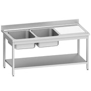 Plonge inox ECO 2 cuves égouttoir droite, avec tablette inférieure - Diamond