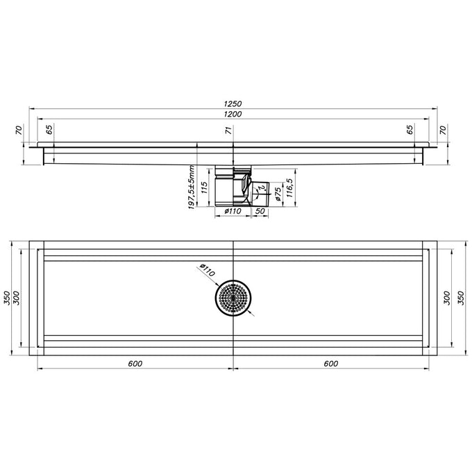 Caniveau de sol inox 1200x300, sortie horizontale - Diamond