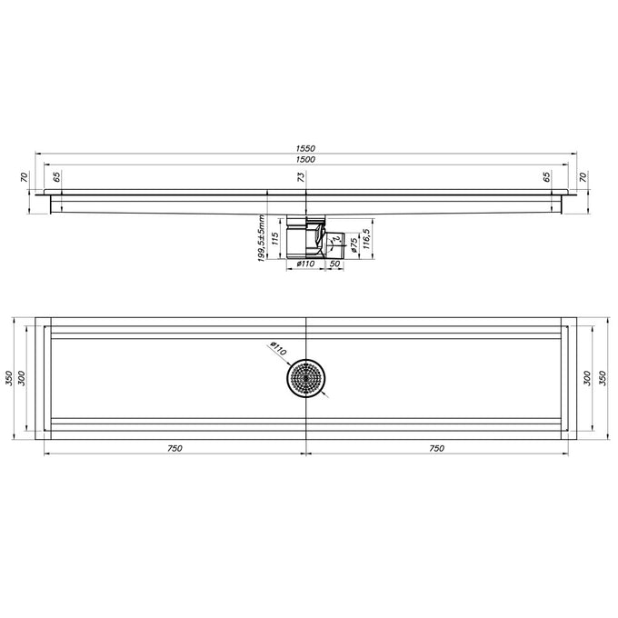 Caniveau de sol inox 1500x300, sortie horizontale - Diamond