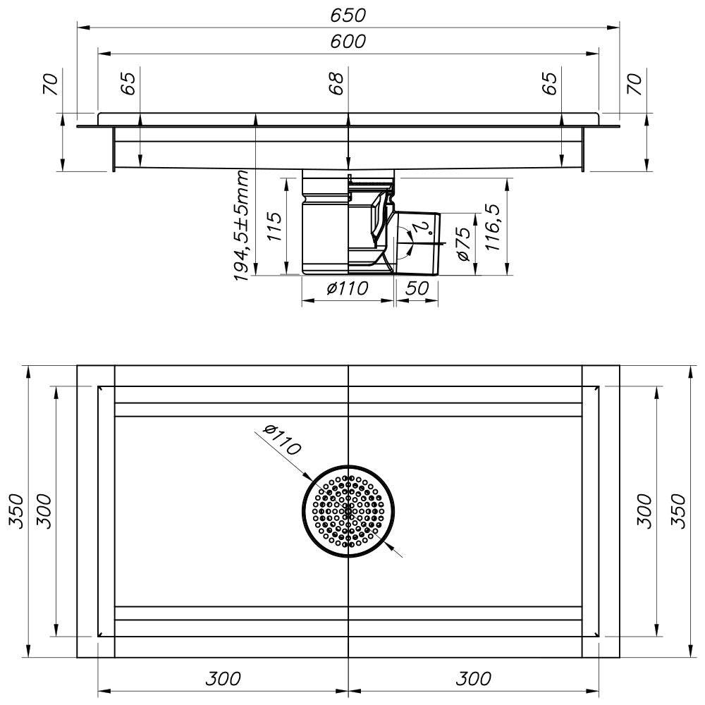 Caniveau de sol inox 600x300, sortie horizontale - Diamond