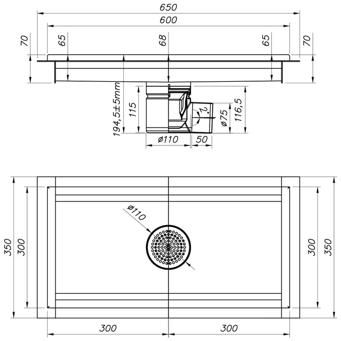 Caniveau de sol inox 600x300, sortie horizontale - Diamond