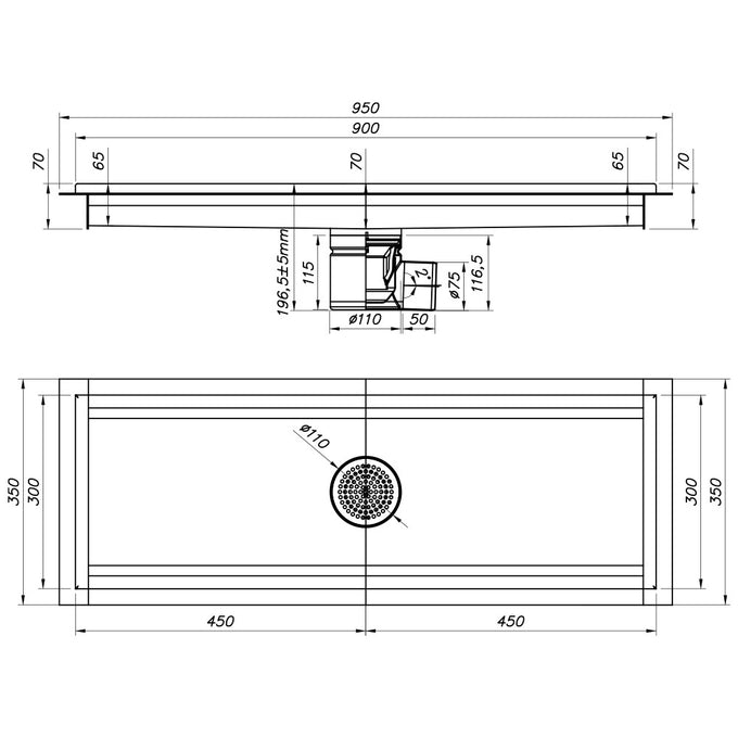 Caniveau de sol inox 900x300, sortie horizontale - Diamond