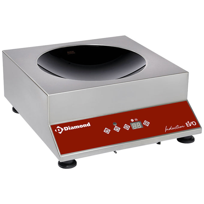 Plaque à induction "wok" + Poêle wok, 3000 watt, touches capacitives - L 390 x P 430 x H 165 mm - Diamond