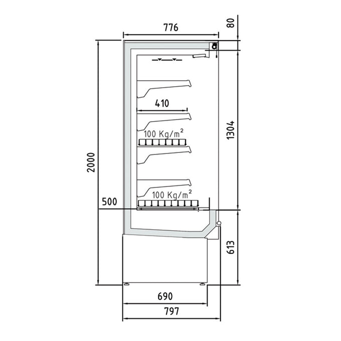 Vitrine réfrigérée murale positive - Mural réfrigéré, ventilé avec groupe - 3,6 kW - L 2560 x P 797 x H 2000 mm - Diamond