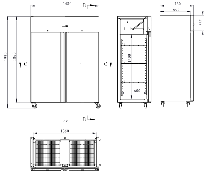 Armoire réfrigérée positive 2 portes 1200 L - L 1480 x P 730 x H 1990 mm - Unninox