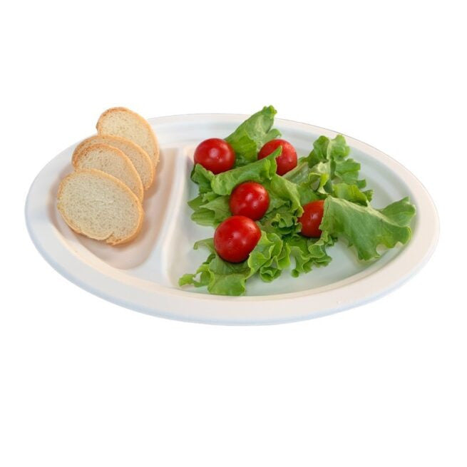 Assiette jetable ovale à deux compartiments 26 × 19 cm en cellulose, lot de 50 - Ecobioshopping