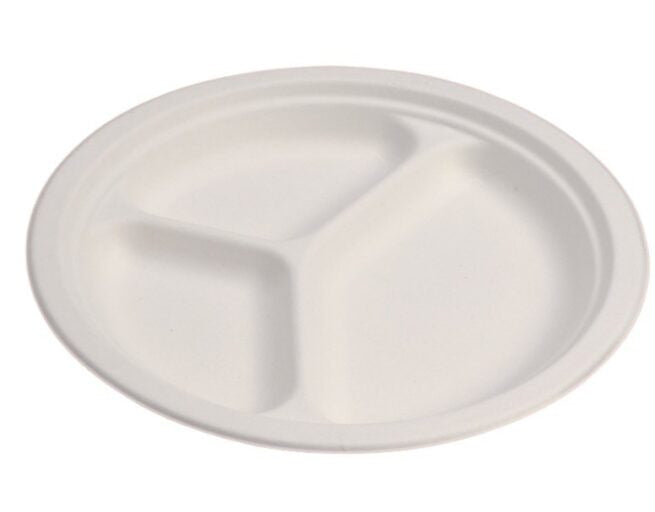 Assiette jetable plate à trois compartiments 26 cm en cellulose., lot de 50 - Ecobioshopping