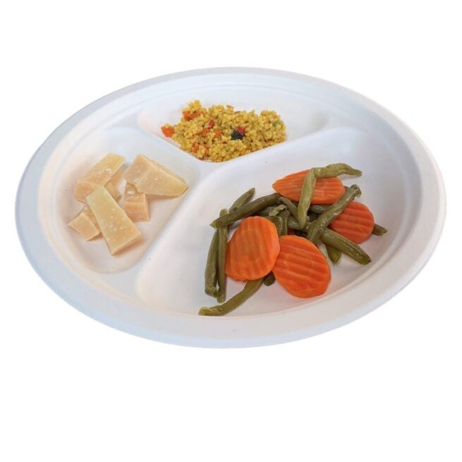 Assiette jetable plate à trois compartiments 26 cm en cellulose., lot de 50 - Ecobioshopping