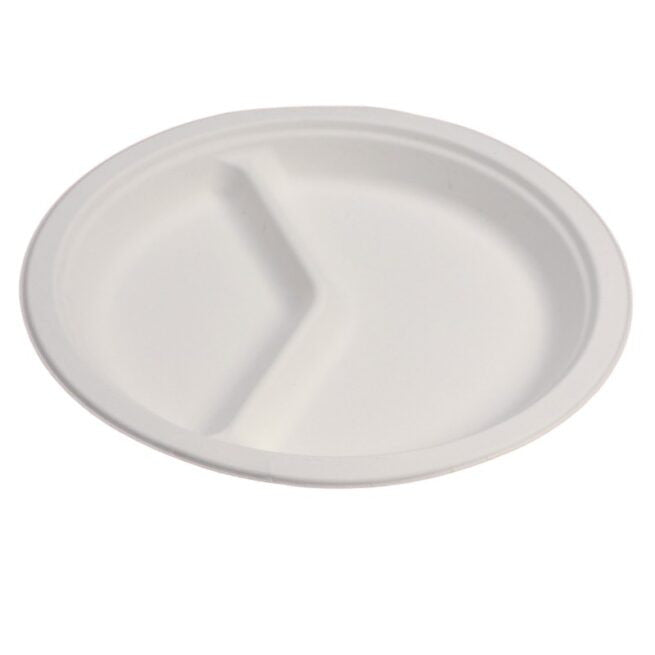 Assiette jetable plate à deux compartiments de 26 cm en cellulose, lot de 500 - Ecobioshopping