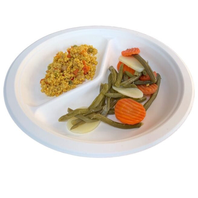Assiette jetable plate à deux compartiments de 26 cm en cellulose, lot de 500 - Ecobioshopping