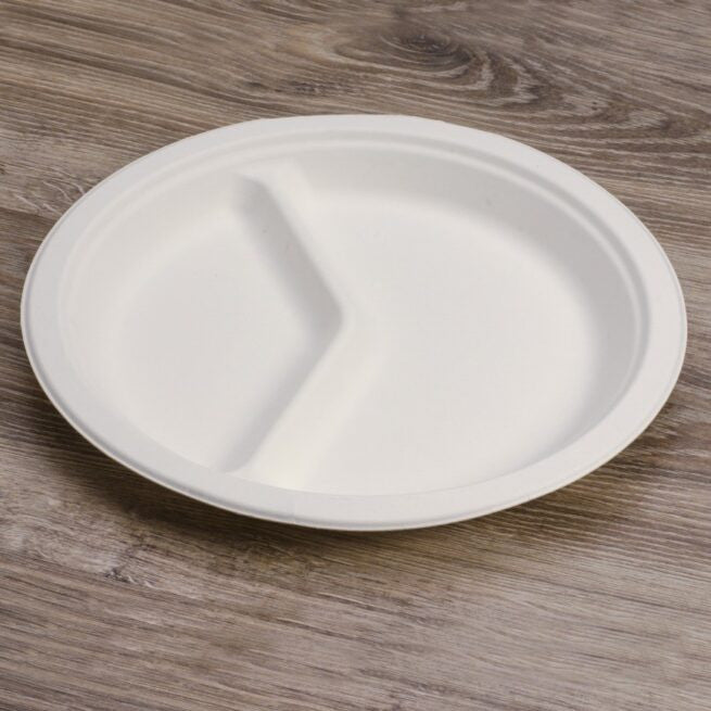 Assiette jetable plate à deux compartiments de 26 cm en cellulose, lot de 500 - Ecobioshopping