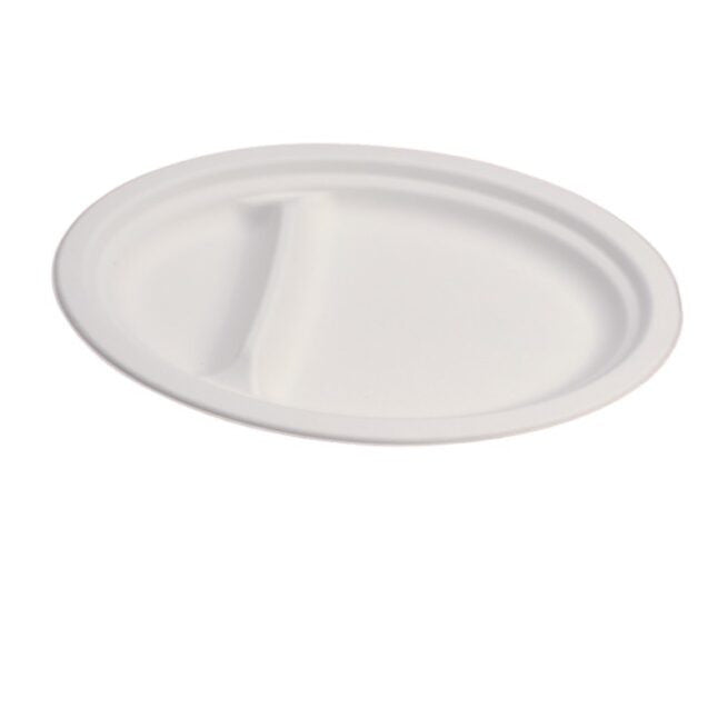 Assiette jetable ovale à deux compartiments 26 × 19 cm, lot de 500 - Ecobioshopping
