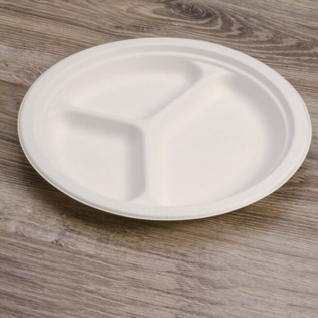 Assiette jetable plate à trois compartiments 26 cm, lot de 500 - Ecobioshopping