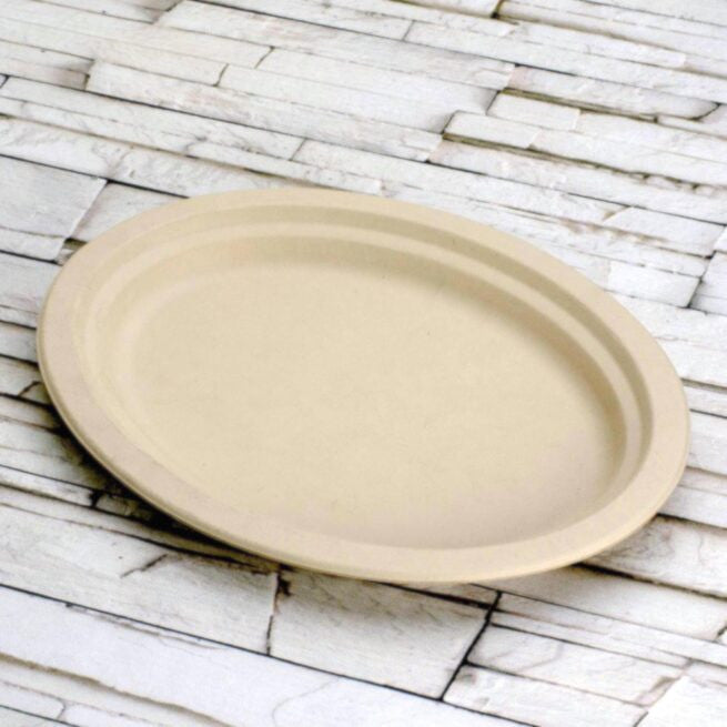 Assiette jetable ovale Nature 26 × 19 cm en cellulose, lot de 50 - Ecobioshopping
