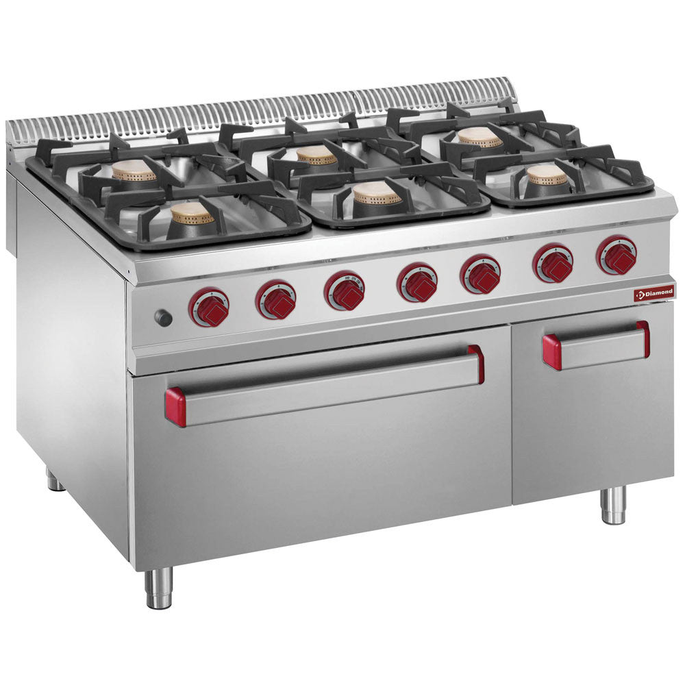 Fourneau 6 feux sur four gaz - GN 2/1- armoire - Diamond