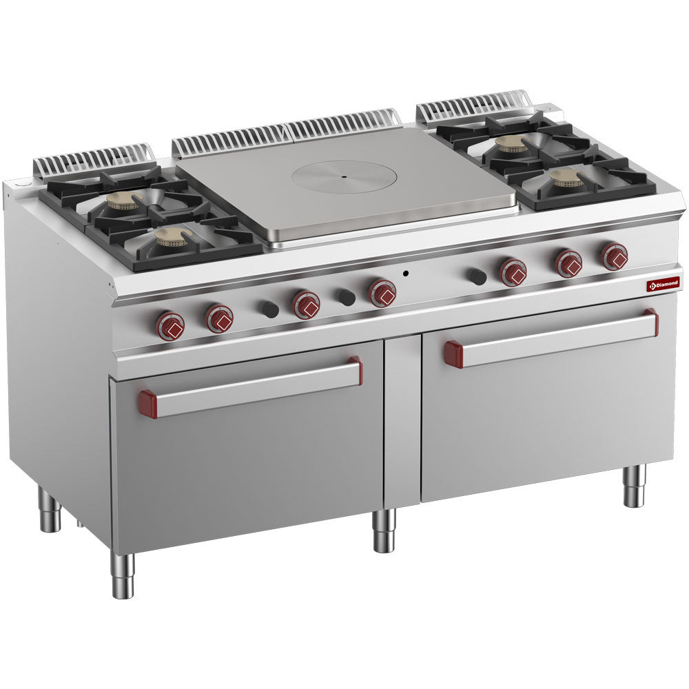 Fourneau gaz 4 feux - plaque centre - 2 fours GN2/1 - Diamond