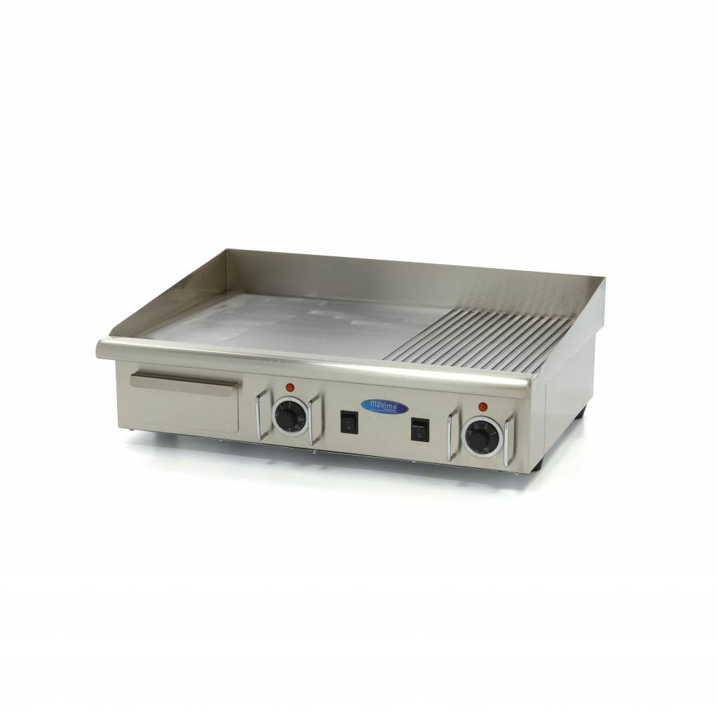 Plaque de cuisson - Demi-rainurée - 73 cm - avec bac de récupération - 400V 4400 W Maxima - Plancha électrique professionnel CHR - matériel cuisine pro - Cuistéo