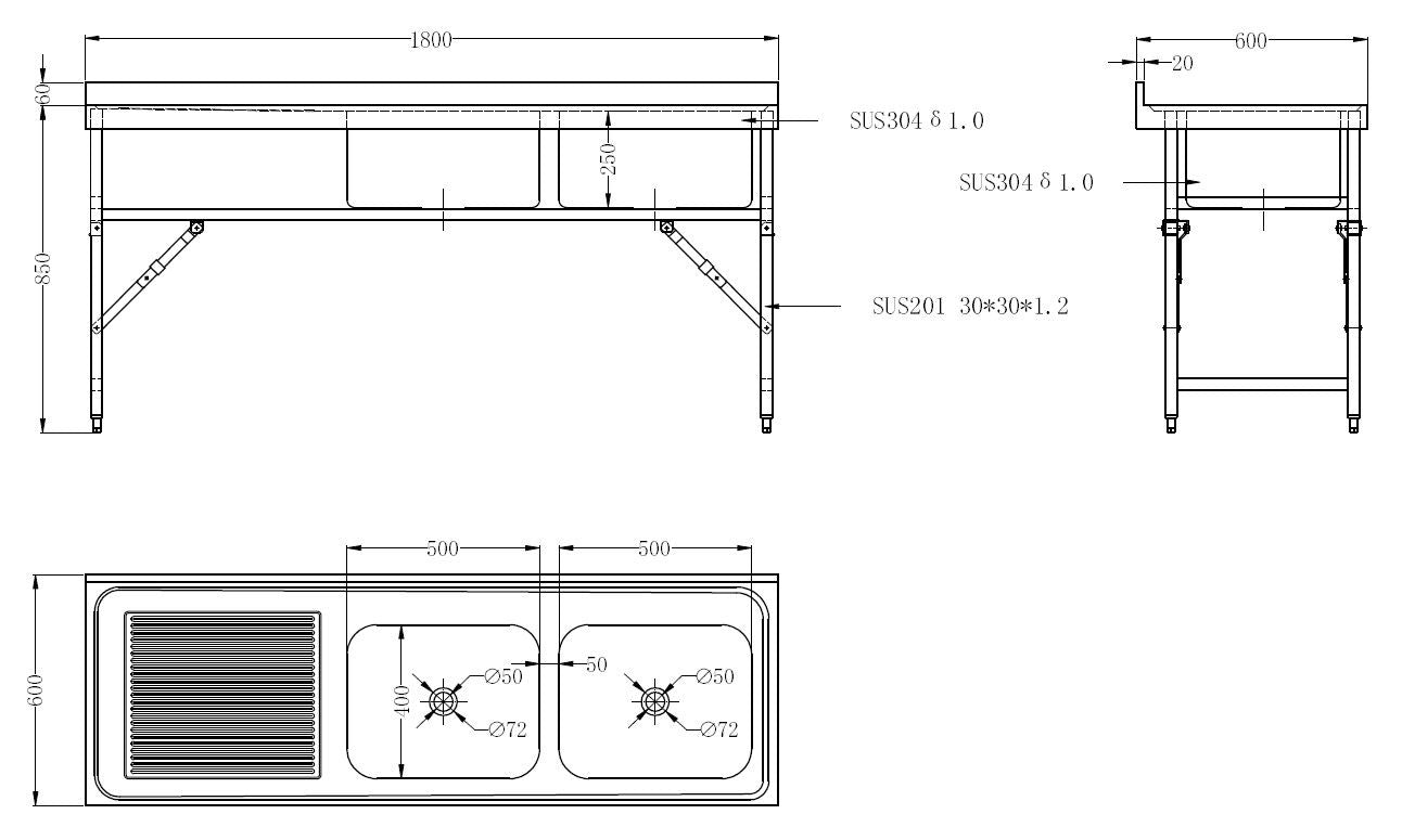Bloc évier 2 à droite - étagère pliante -1800 inox 500x600x250 mm 115 L Combisteel - vue 4 - Table inox avec étagère pro CHR - Cuistéo