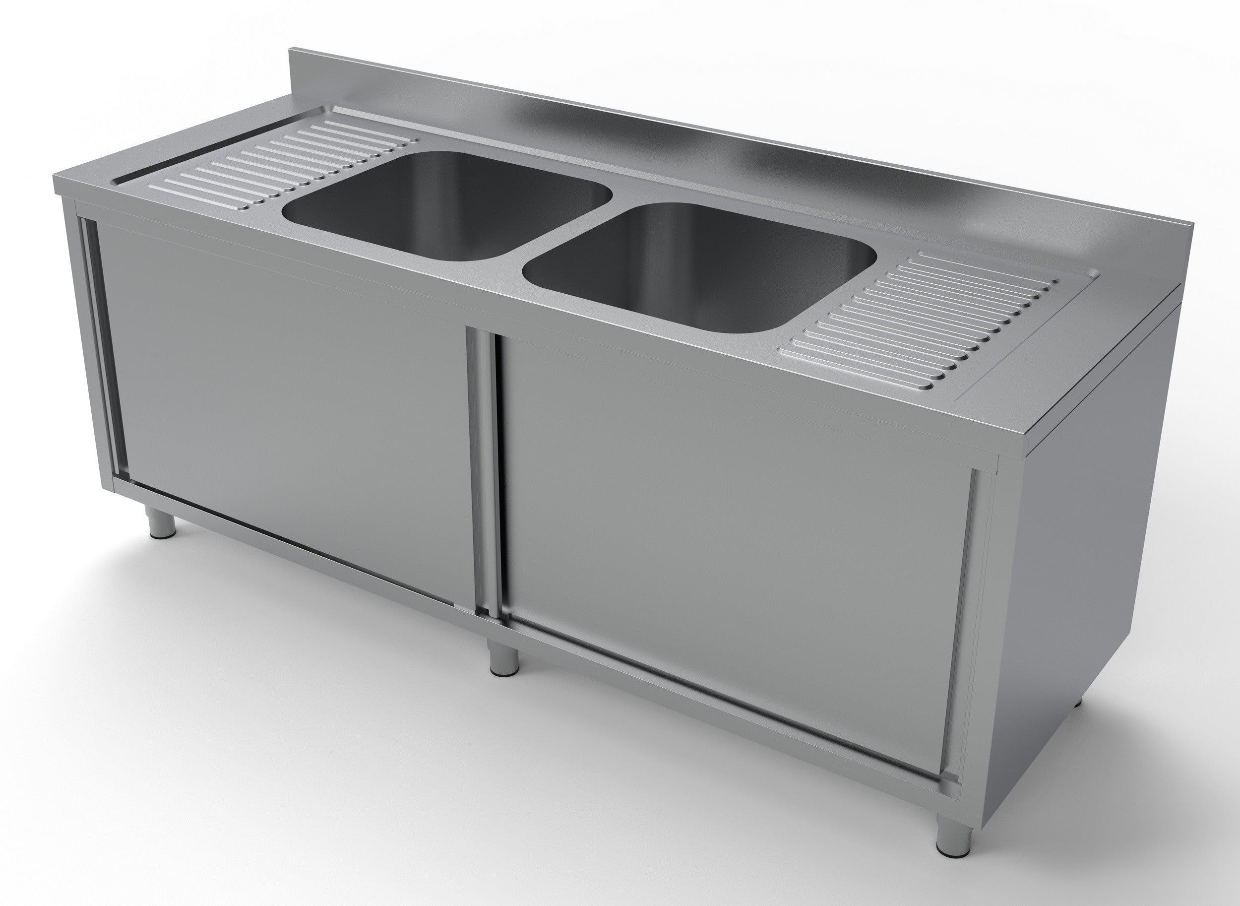 Bloc-évier 2 bacs centre- 2 portes 2000x700 Combisteel - vue 3 - Table inox avec étagère pro CHR - Cuistéo