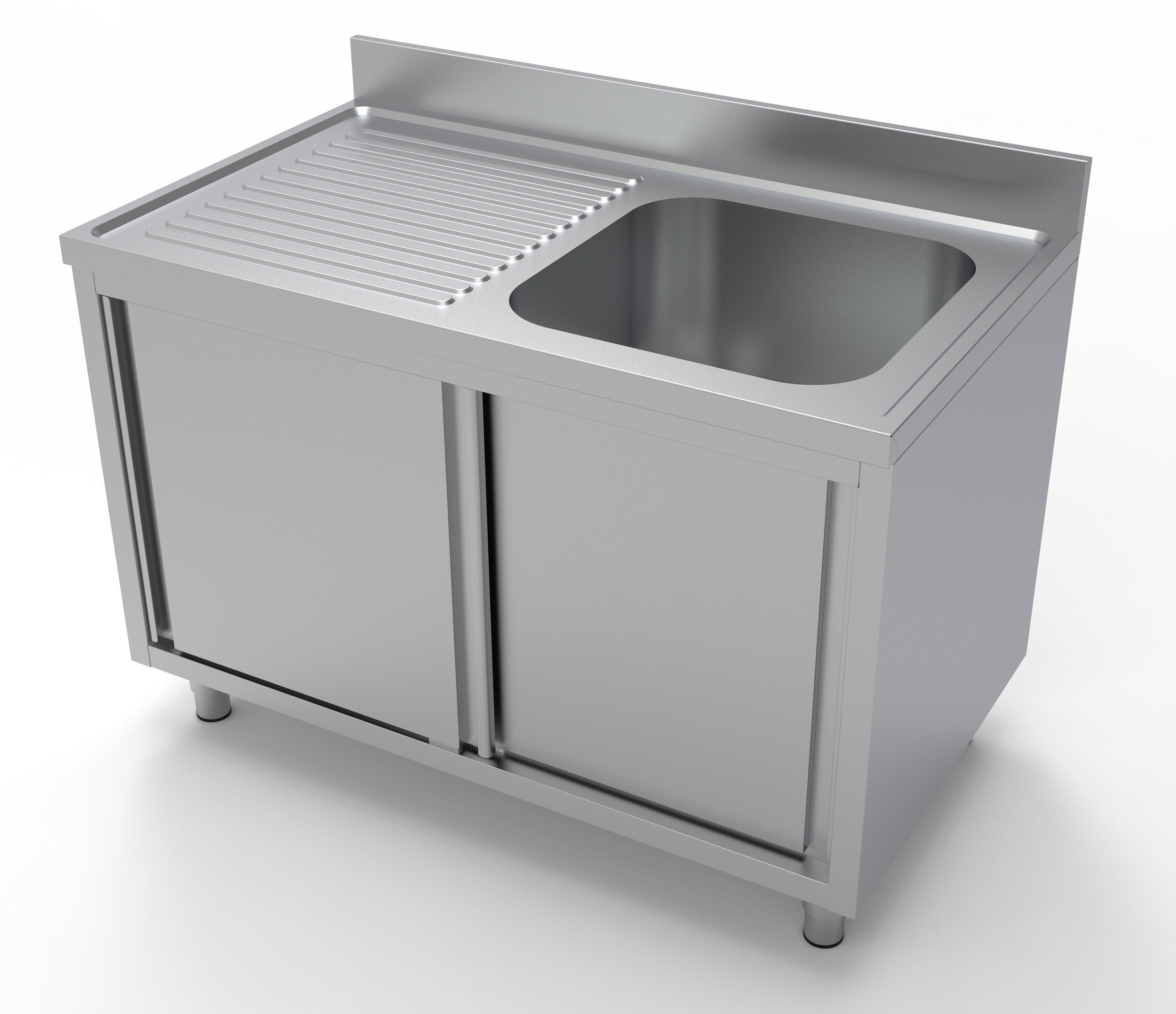 Bloc évier portes - bac à droite 1200x700 Combisteel - vue 3 - Table inox avec étagère pro CHR - Cuistéo