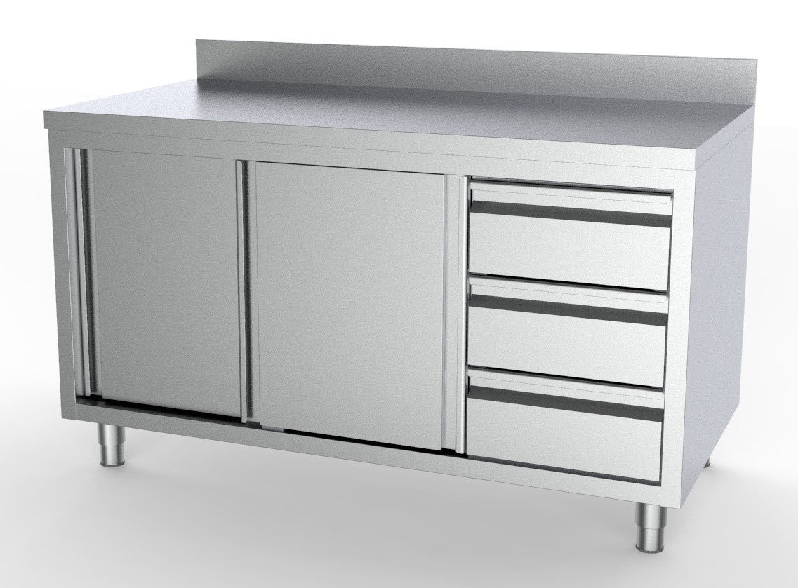 Plan de travail portes bord relevé tiroirs à droite inox 1600x700x850 mm Combisteel - vue 2 - Meuble bas inox pro CHR - Cuistéo