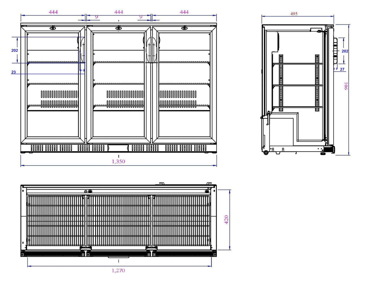 Arrière-bar réfrigéré - 330L - 3 portes - +2/+10°C - LED - 6 grilles - Noir inox 1350x520x900 mm 0.265 kW Combisteel - vue 4 - Arrière-bar réfrigéré pro CHR - Cuistéo