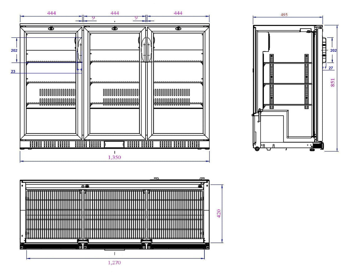 Arrière bar réfrigérée 3 portes noir 1350x520x850 mm 320 L 0.265 kW Combisteel - vue 4 - Arrière-bar réfrigéré pro CHR - Cuistéo