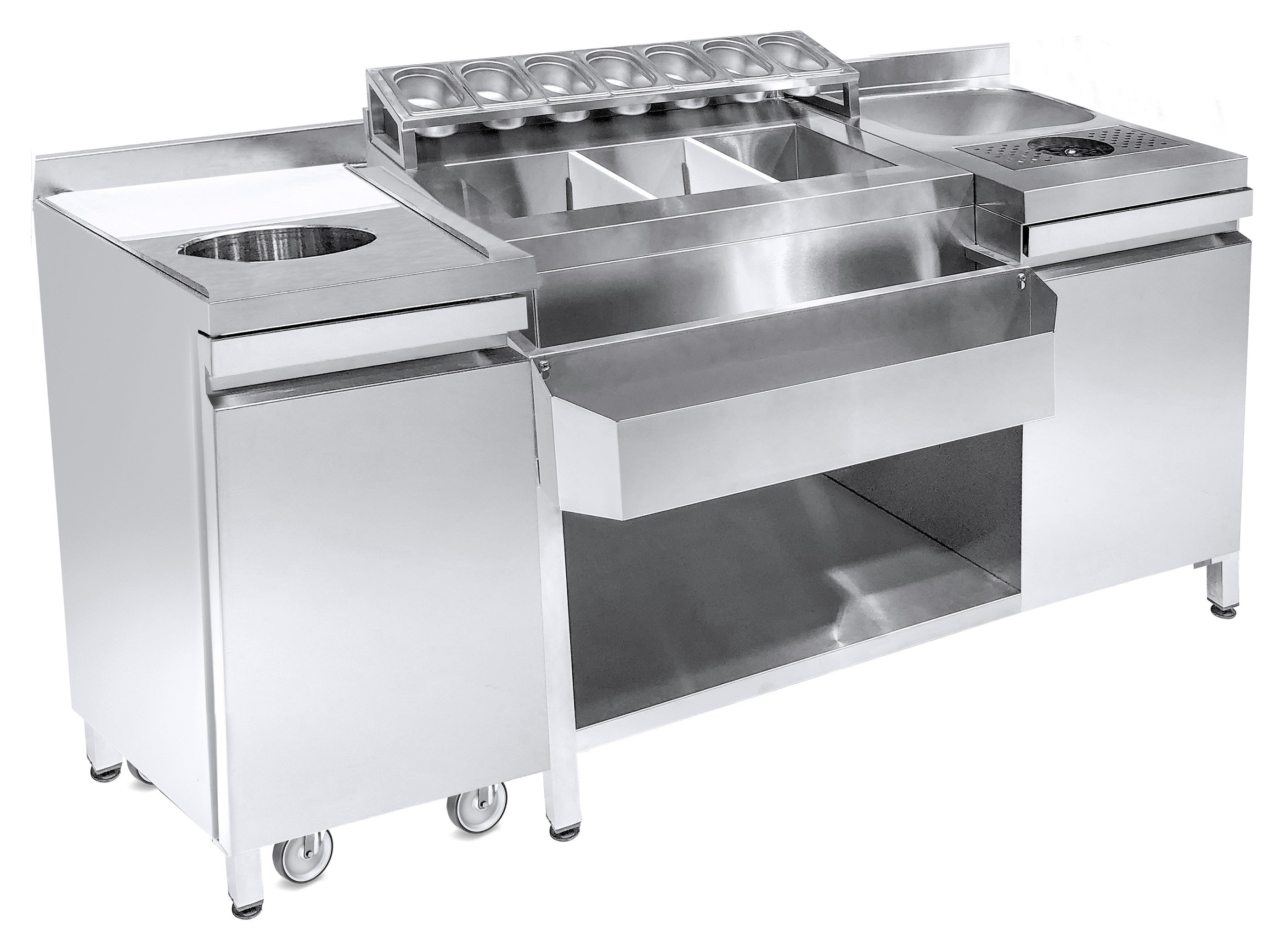 Comptoir bar à cocktails avec évier planche à découper porte bouteilles et lave verre - Combisteel
