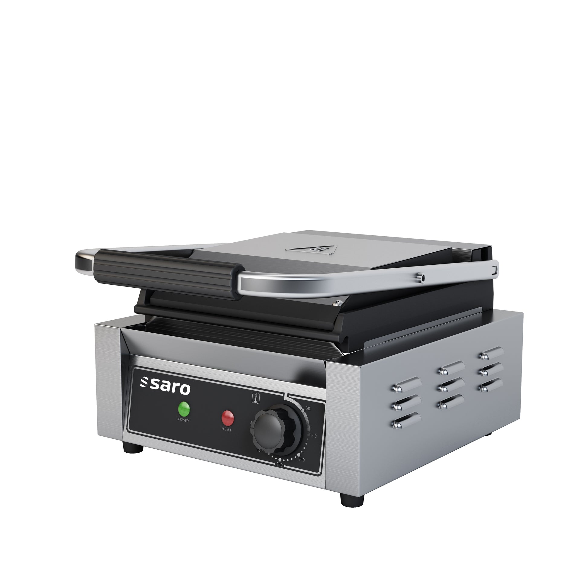 Grill contact - Plaque rainurée - Température +50/+300°C - Bac égouttement amovible 1.8 kW Saro - Grill panini professionnel CHR - matériel cuisine pro - Cuistéo