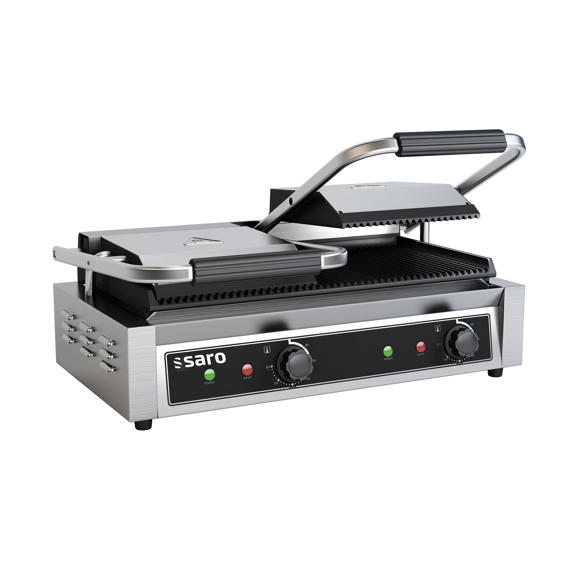 Grill contact double - Plaques rainurées - Température +50/+300°C - Bac égouttement amovible Saro - Grill panini professionnel CHR - matériel cuisine pro - Cuistéo