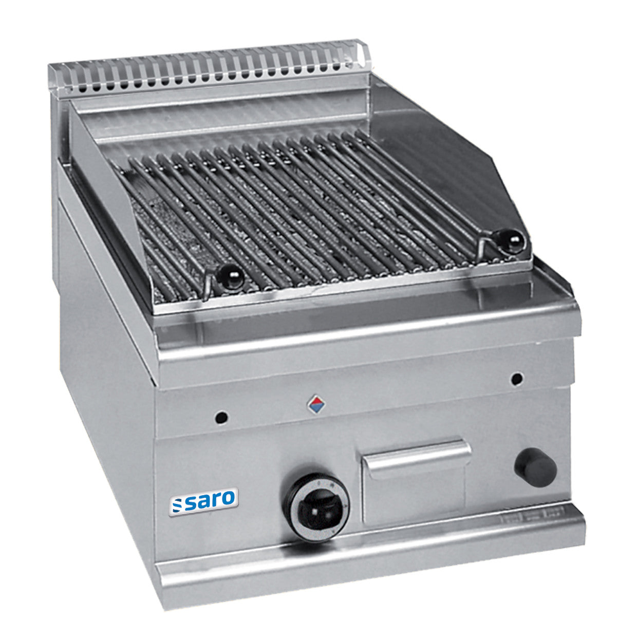 Grill Pierre Lave - Inox - 400x600mm - 7kW - Brûleur Unique Saro - Table inox avec étagère professionnel CHR - matériel cuisine pro - Cuistéo