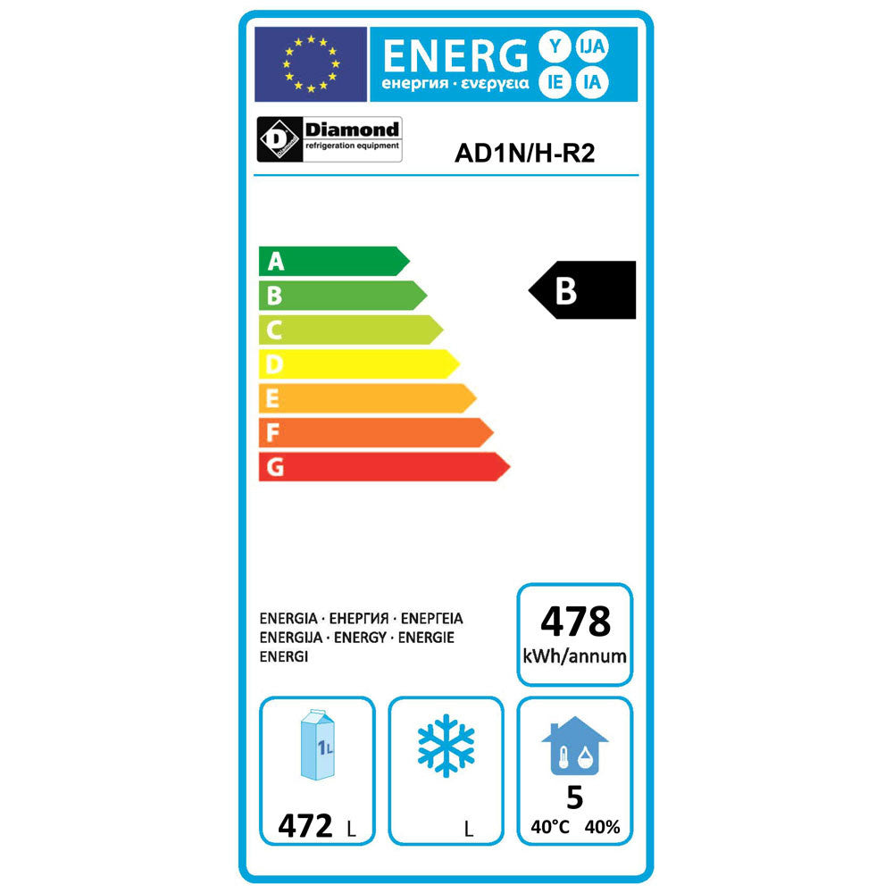Armoire réfrigérée ventilée 700L 1 porte GN2/1 acier inox AISI 304 éco-énergétique détection porte ouverte - Diamond