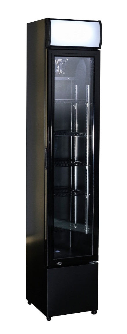 Frigo vitré étroit 105L - +3/+10°C - LED - 4 grilles - Noir - Refroidissement statique avec ventilateur 360x422x1880 mm 0.14 kW Combisteel - Armoire réfrigérée positive professionnel CHR - matériel cuisine pro - Cuistéo
