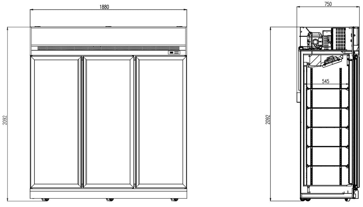 Réfrigérateur 3 portes en verre 1530L - Acier éclairage LED 15 grilles mobile 1880x710x2092 mm 0.577 kW Combisteel - vue 2 - Armoire réfrigérée positive pro CHR - Cuistéo
