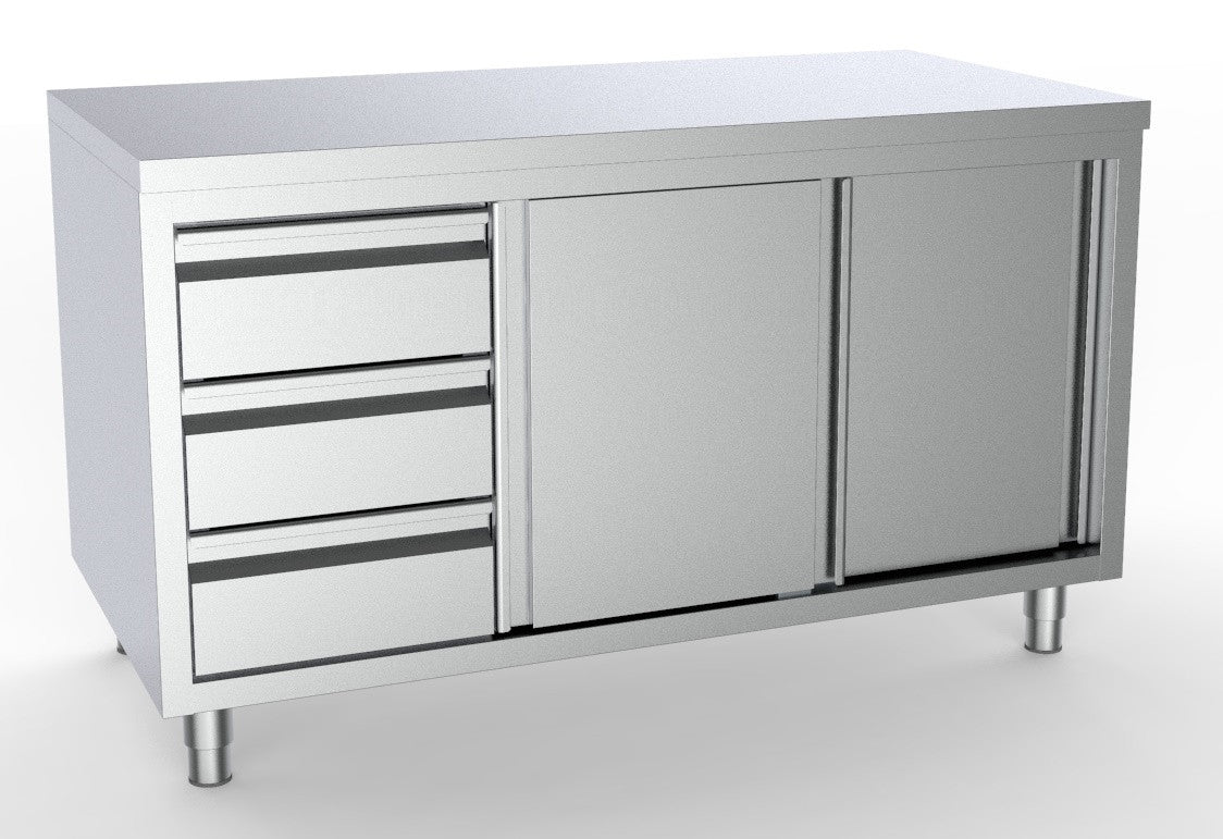 Plan de travail 2 portes 3 tiroirs gauche inox 1400x700x850 mm Combisteel - Meuble bas inox professionnel CHR - matériel cuisine pro - Cuistéo